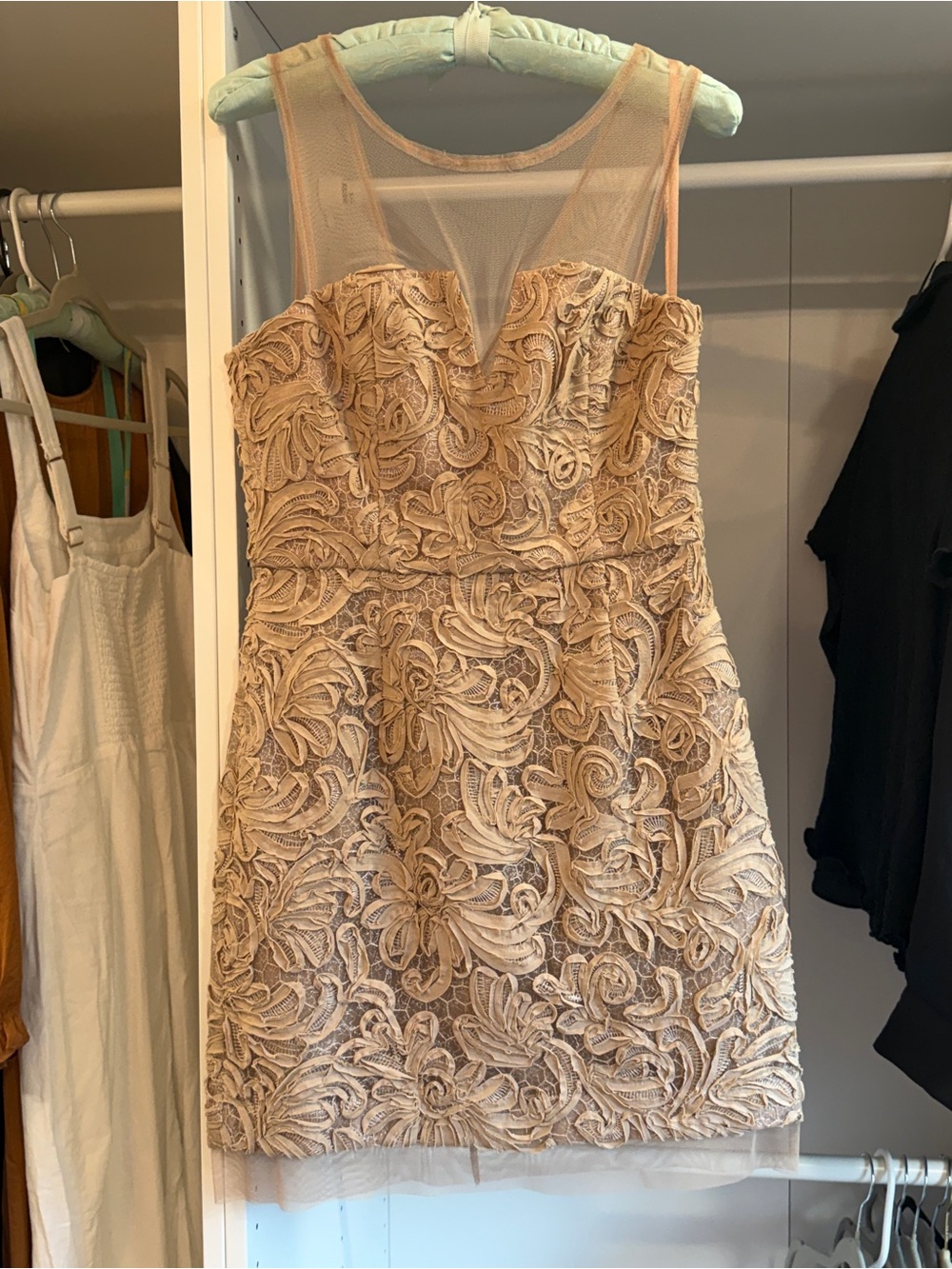 BCBGMaxAzria Nude Floral Appliqué Mini Dress